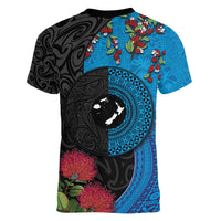 Fiji and New Zealand Together Women V-Neck T-Shirt Tapa Maori Tattoo mix Tagimoucia and Pohutukawa