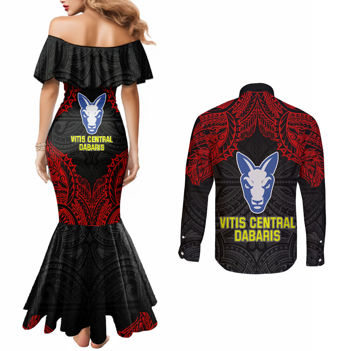 Vitis Central Dabaris Rugby Couples Matching Mermaid Dress and Long Sleeve Button Shirts Papua New Guinea Polynesian Tattoo LT03 - Polynesian Pride