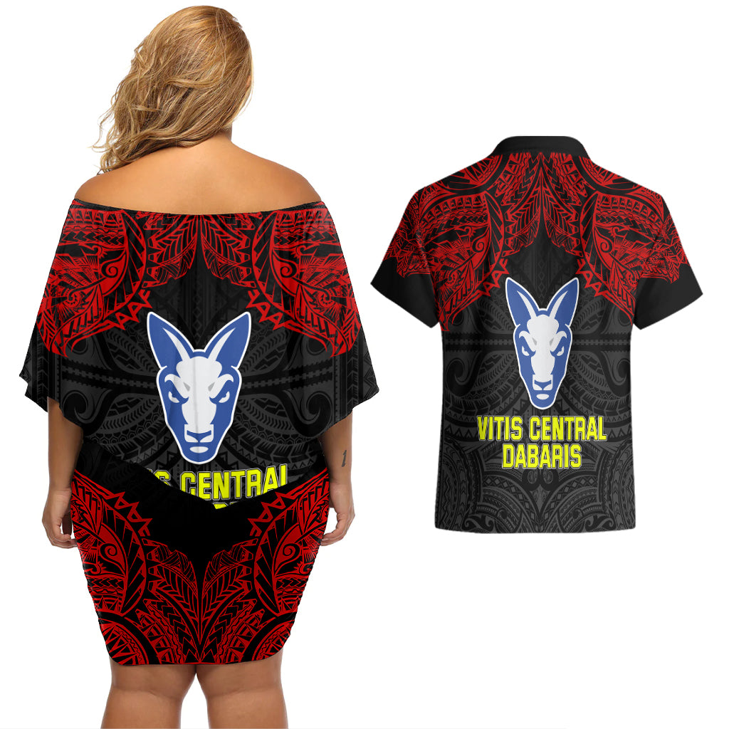 Vitis Central Dabaris Rugby Couples Matching Off Shoulder Short Dress and Hawaiian Shirt Papua New Guinea Polynesian Tattoo LT03 - Polynesian Pride