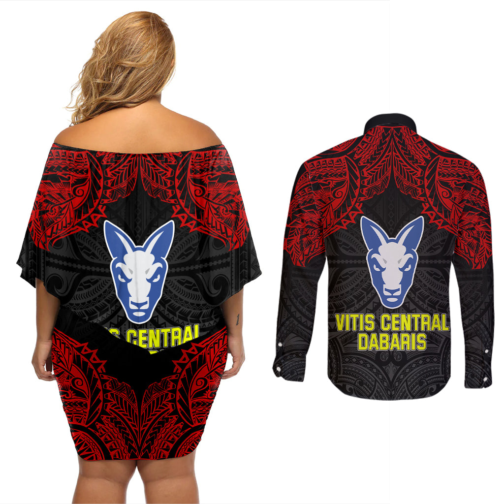 Vitis Central Dabaris Rugby Couples Matching Off Shoulder Short Dress and Long Sleeve Button Shirts Papua New Guinea Polynesian Tattoo LT03 - Polynesian Pride
