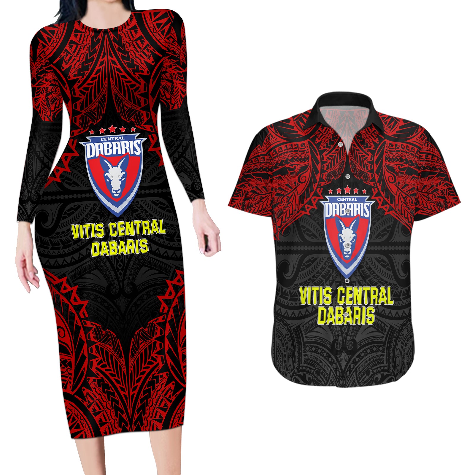 Custom Vitis Central Dabaris Rugby Couples Matching Long Sleeve Bodycon Dress and Hawaiian Shirt Papua New Guinea Polynesian Tattoo LT03 Red - Polynesian Pride