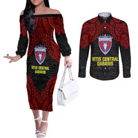 Custom Vitis Central Dabaris Rugby Couples Matching Off The Shoulder Long Sleeve Dress and Long Sleeve Button Shirts Papua New Guinea Polynesian Tattoo LT03 Red - Polynesian Pride