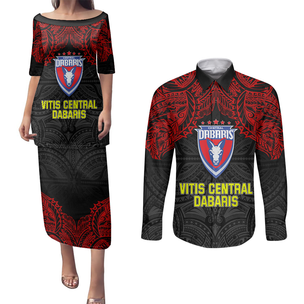 Custom Vitis Central Dabaris Rugby Couples Matching Puletasi Dress and Long Sleeve Button Shirts Papua New Guinea Polynesian Tattoo LT03 Red - Polynesian Pride