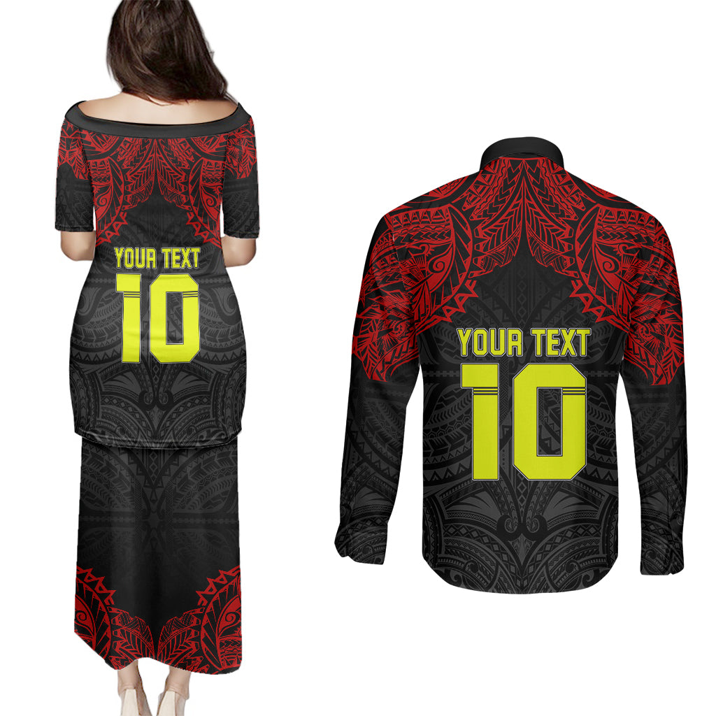 Custom Vitis Central Dabaris Rugby Couples Matching Puletasi Dress and Long Sleeve Button Shirts Papua New Guinea Polynesian Tattoo LT03 - Polynesian Pride