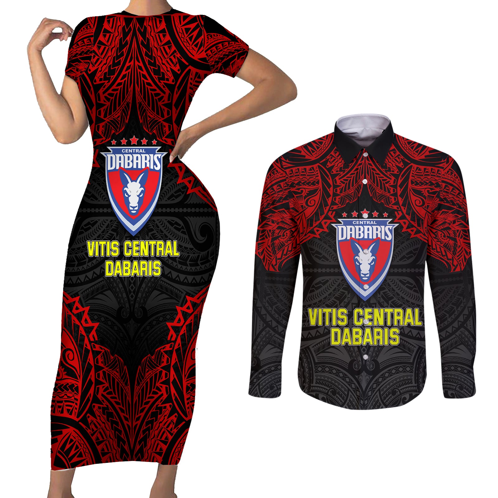 Custom Vitis Central Dabaris Rugby Couples Matching Short Sleeve Bodycon Dress and Long Sleeve Button Shirts Papua New Guinea Polynesian Tattoo LT03 Red - Polynesian Pride