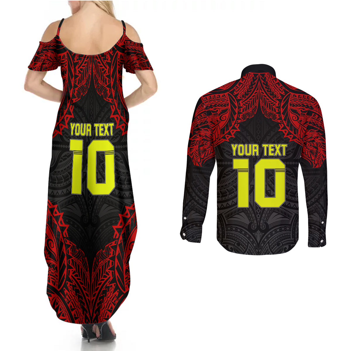 Custom Vitis Central Dabaris Rugby Couples Matching Summer Maxi Dress and Long Sleeve Button Shirts Papua New Guinea Polynesian Tattoo LT03 - Polynesian Pride