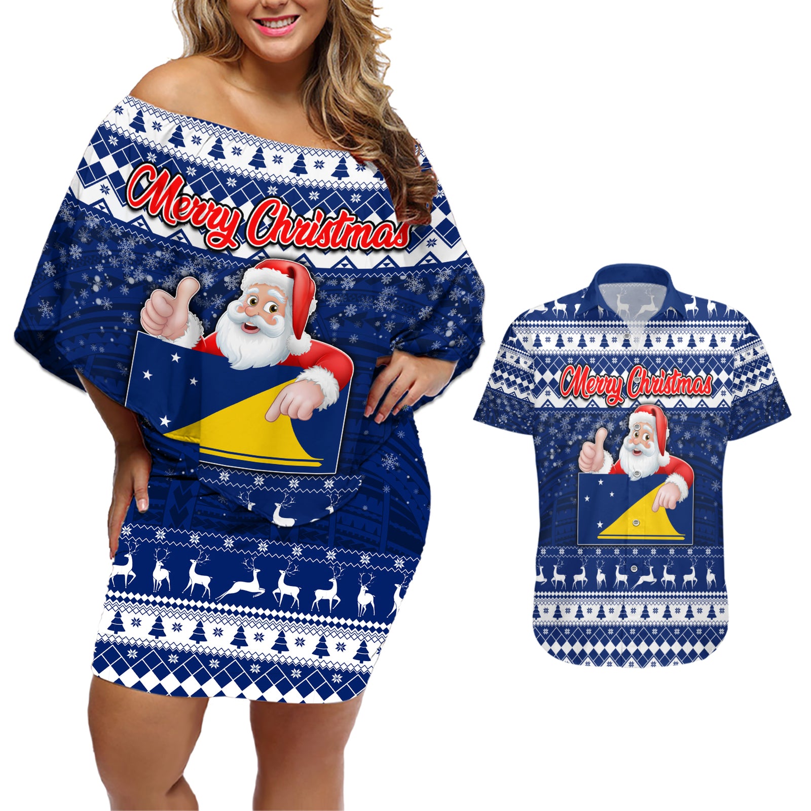 Personalised Tokelau Christmas Couples Matching Off Shoulder Short Dress and Hawaiian Shirt Santa Claus Tokelau Flag and Coat of Arms with Polynesian Pattern LT03 Blue - Polynesian Pride