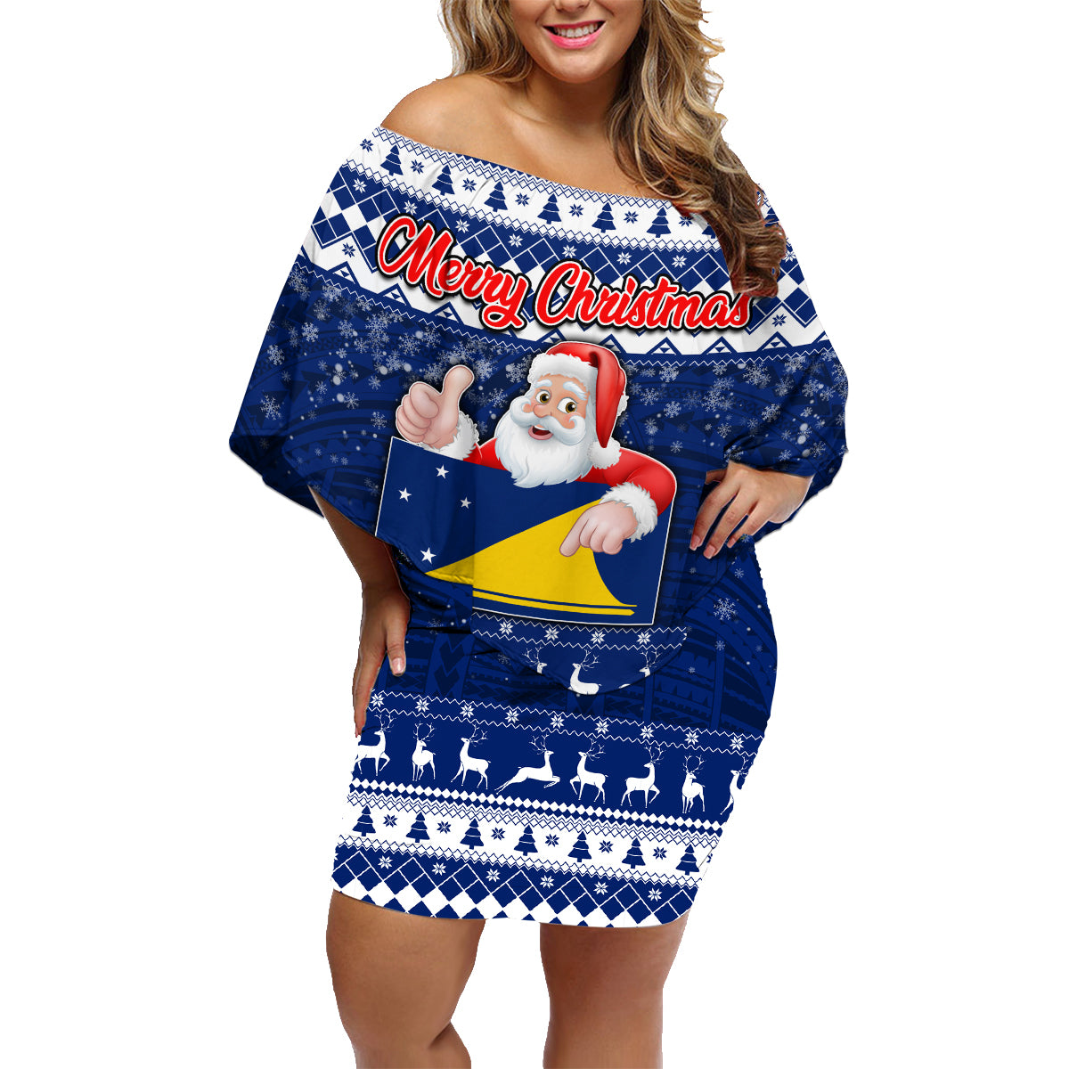 Personalised Tokelau Christmas Family Matching Off Shoulder Short Dress and Hawaiian Shirt Santa Claus Tokelau Flag and Coat of Arms with Polynesian Pattern LT03 Mom's Dress Blue - Polynesian Pride