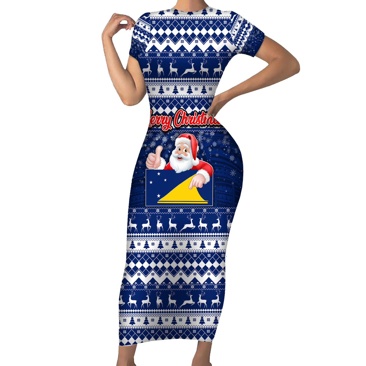 Personalised Tokelau Christmas Family Matching Short Sleeve Bodycon Dress and Hawaiian Shirt Santa Claus Tokelau Flag and Coat of Arms with Polynesian Pattern LT03 Mom's Dress Blue - Polynesian Pride