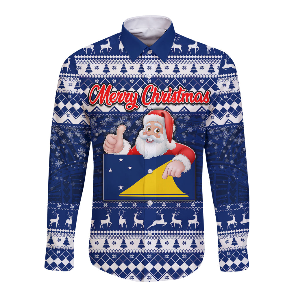 Personalised Tokelau Christmas Long Sleeve Button Shirt Santa Claus Tokelau Flag and Coat of Arms with Polynesian Pattern LT03 Unisex Blue - Polynesian Pride