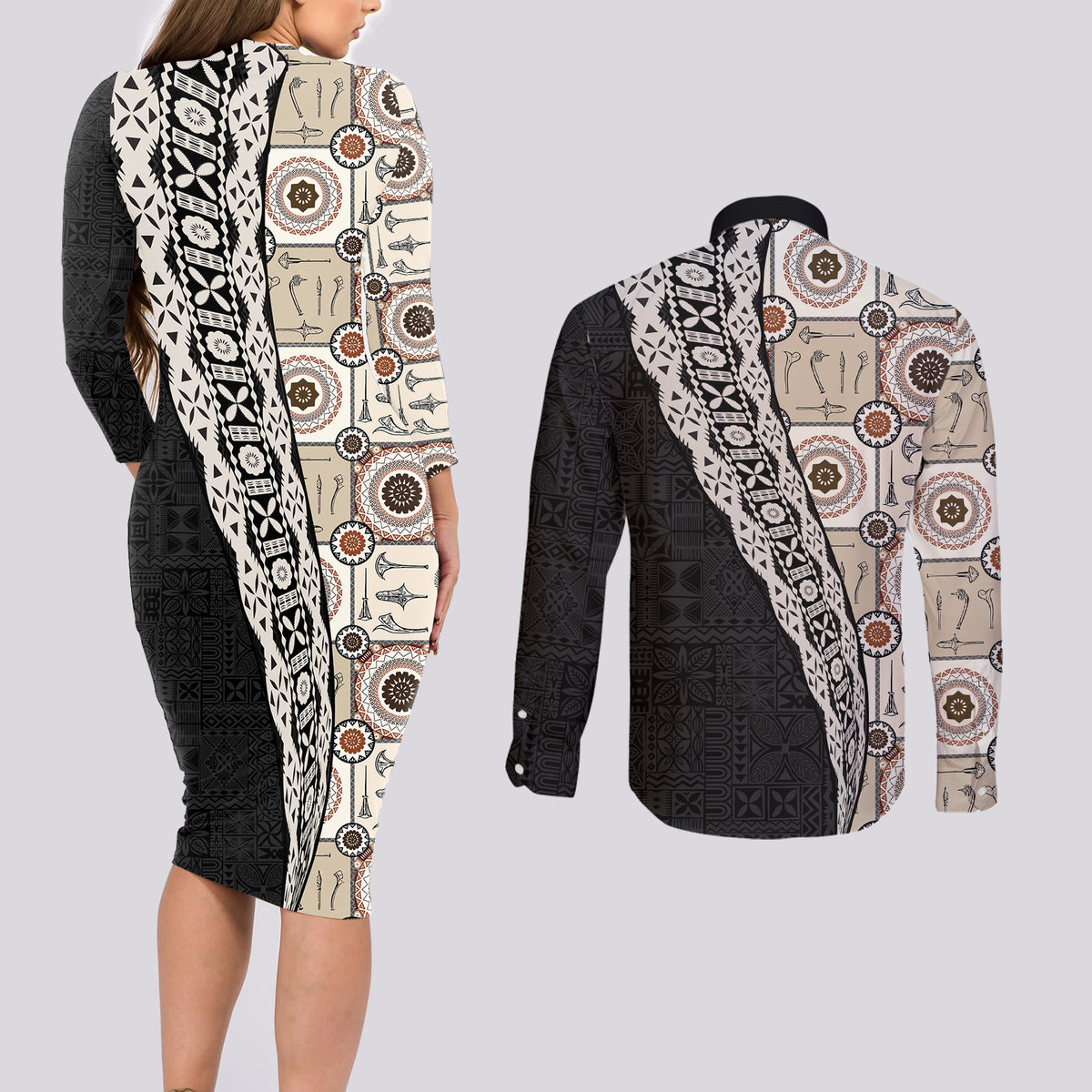 Tukenny Pattern Fijian War Clubs Mix Tapa Tribal Couples Matching Long Sleeve Bodycon Dress and Long Sleeve Button Shirt LT03 - Polynesian Pride