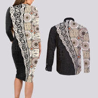 Tukenny Pattern Fijian War Clubs Mix Tapa Tribal Couples Matching Long Sleeve Bodycon Dress and Long Sleeve Button Shirt LT03 - Polynesian Pride
