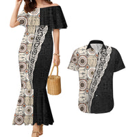 Tukenny Pattern Fijian War Clubs Mix Tapa Tribal Couples Matching Mermaid Dress and Hawaiian Shirt LT03 Beige - Polynesian Pride
