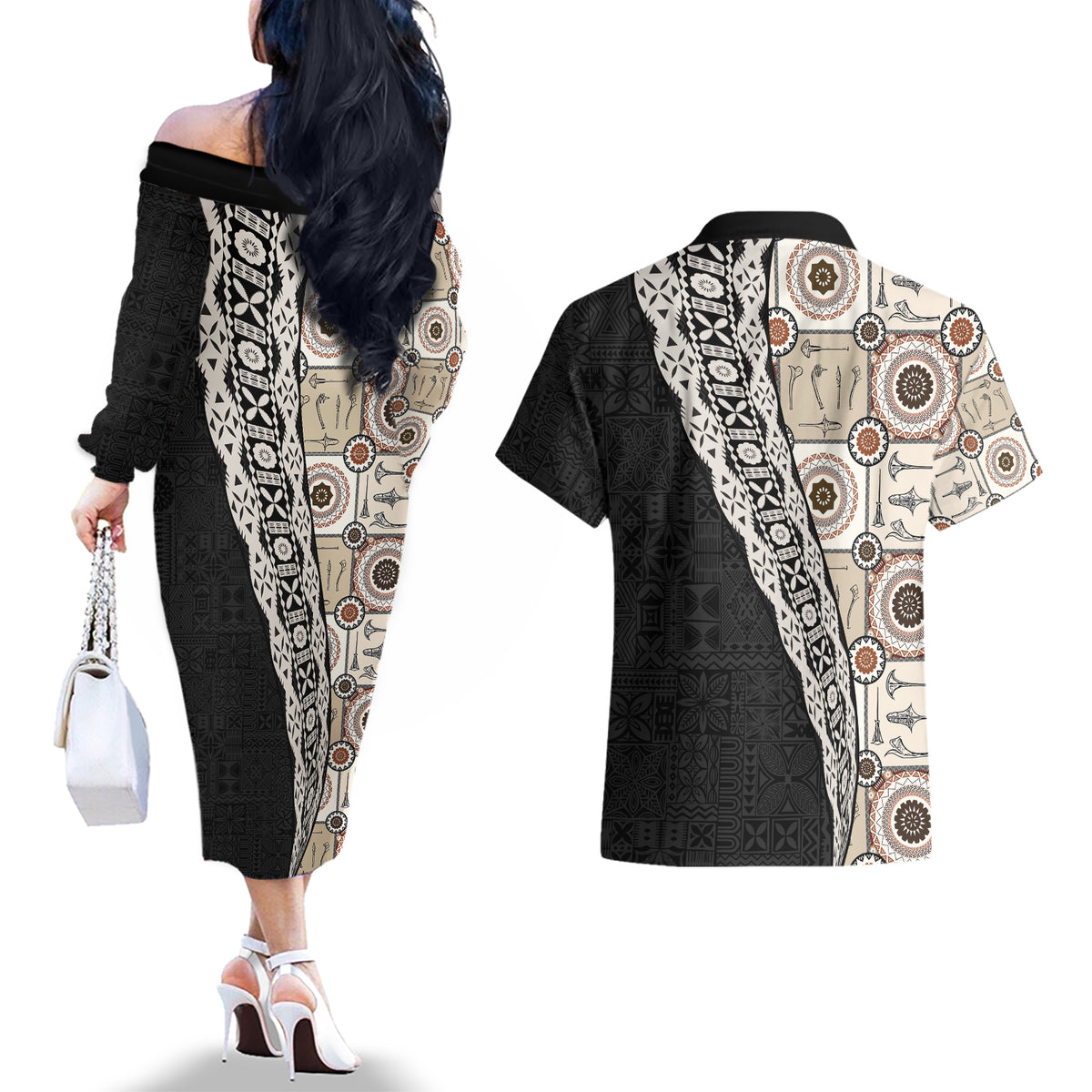 Tukenny Pattern Fijian War Clubs Mix Tapa Tribal Couples Matching Off The Shoulder Long Sleeve Dress and Hawaiian Shirt LT03 - Polynesian Pride