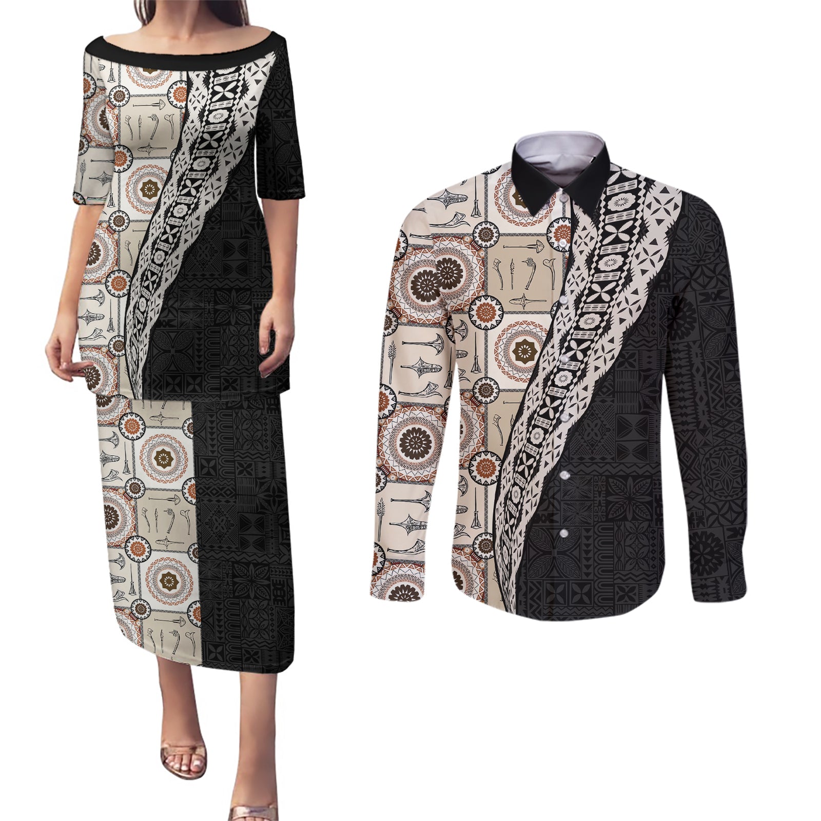 Tukenny Pattern Fijian War Clubs Mix Tapa Tribal Couples Matching Puletasi and Long Sleeve Button Shirt LT03 Beige - Polynesian Pride