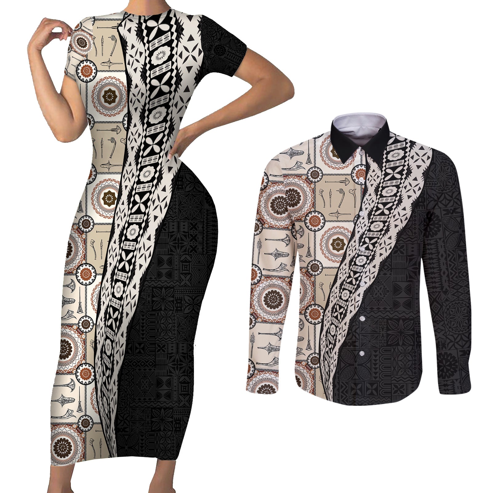 Tukenny Pattern Fijian War Clubs Mix Tapa Tribal Couples Matching Short Sleeve Bodycon Dress and Long Sleeve Button Shirt LT03 Beige - Polynesian Pride