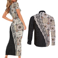 Tukenny Pattern Fijian War Clubs Mix Tapa Tribal Couples Matching Short Sleeve Bodycon Dress and Long Sleeve Button Shirt LT03 - Polynesian Pride