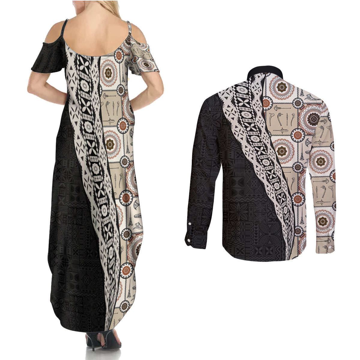 Tukenny Pattern Fijian War Clubs Mix Tapa Tribal Couples Matching Summer Maxi Dress and Long Sleeve Button Shirt LT03 - Polynesian Pride