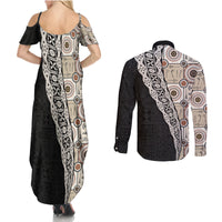 Tukenny Pattern Fijian War Clubs Mix Tapa Tribal Couples Matching Summer Maxi Dress and Long Sleeve Button Shirt LT03 - Polynesian Pride