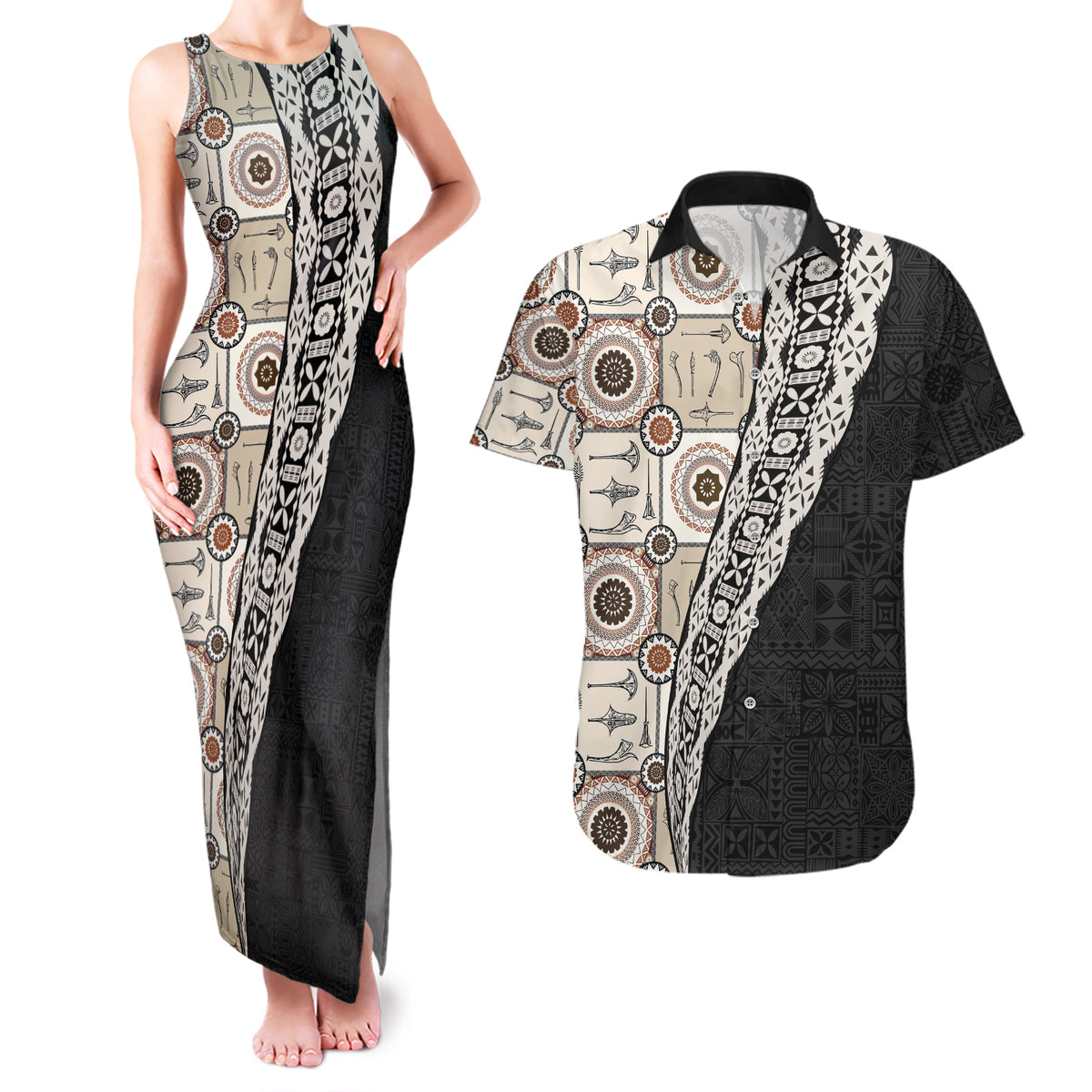 Tukenny Pattern Fijian War Clubs Mix Tapa Tribal Couples Matching Tank Maxi Dress and Hawaiian Shirt LT03 Beige - Polynesian Pride