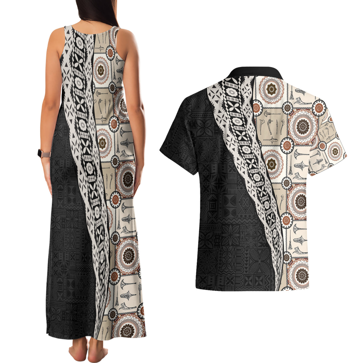 Tukenny Pattern Fijian War Clubs Mix Tapa Tribal Couples Matching Tank Maxi Dress and Hawaiian Shirt LT03 - Polynesian Pride