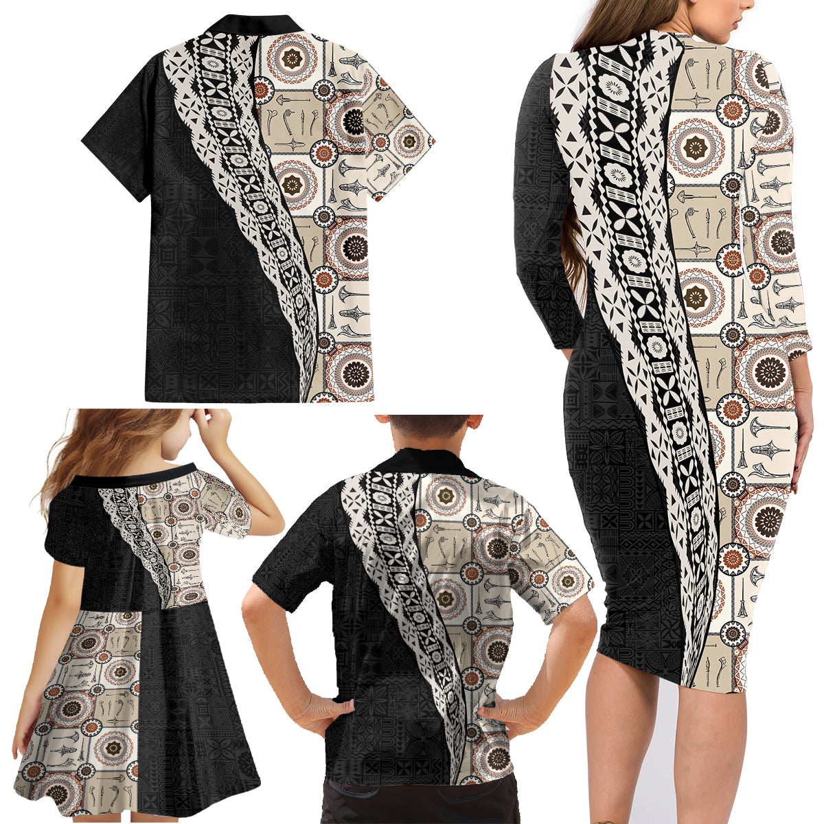 Tukenny Pattern Fijian War Clubs Mix Tapa Tribal Family Matching Long Sleeve Bodycon Dress and Hawaiian Shirt LT03 - Polynesian Pride