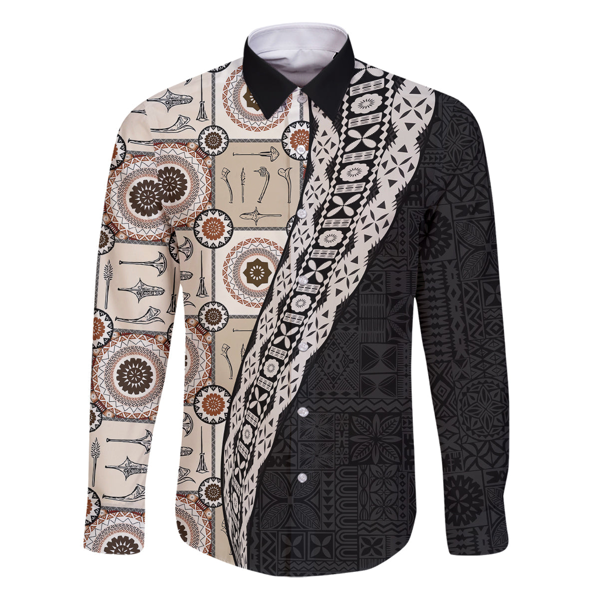 Tukenny Pattern Fijian War Clubs Mix Tapa Tribal Family Matching Summer Maxi Dress and Hawaiian Shirt LT03 Dad's Shirt - Long Sleeve Beige - Polynesian Pride