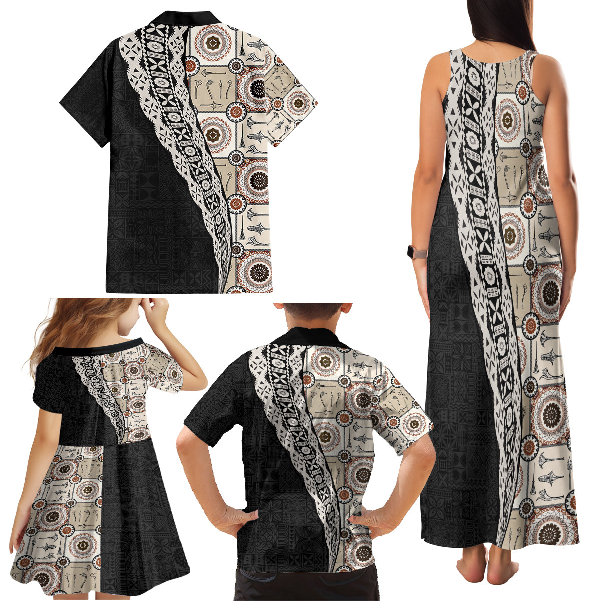 Tukenny Pattern Fijian War Clubs Mix Tapa Tribal Family Matching Tank Maxi Dress and Hawaiian Shirt LT03 - Polynesian Pride