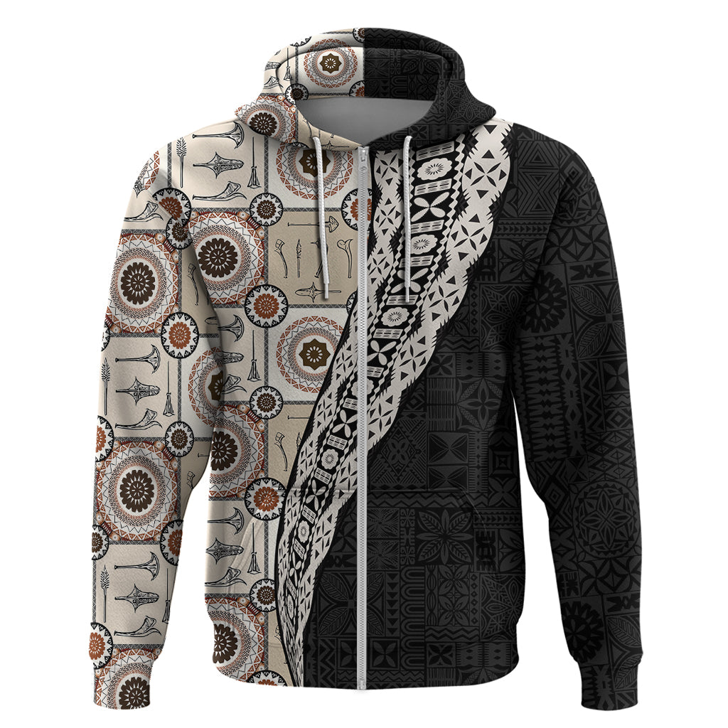 Tukenny Pattern Fijian War Clubs Mix Tapa Tribal Hoodie LT03 Zip Hoodie Beige - Polynesian Pride
