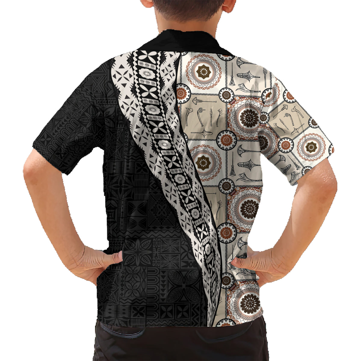Tukenny Pattern Fijian War Clubs Mix Tapa Tribal Kid Hawaiian Shirt LT03 - Polynesian Pride