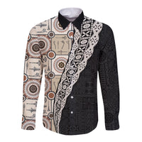 Tukenny Pattern Fijian War Clubs Mix Tapa Tribal Long Sleeve Button Shirt LT03 Unisex Beige - Polynesian Pride