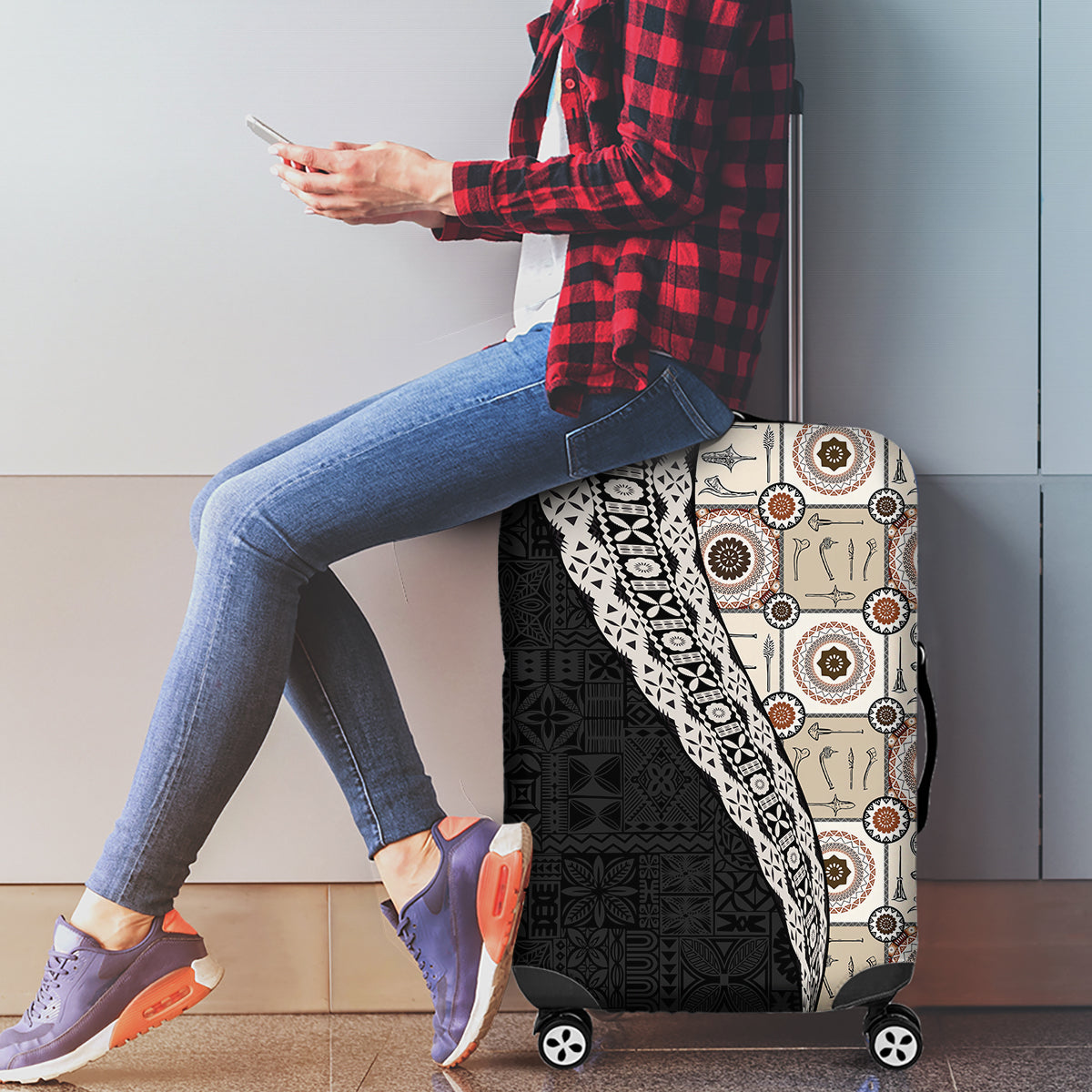 Tukenny Pattern Fijian War Clubs Mix Tapa Tribal Luggage Cover LT03 - Polynesian Pride