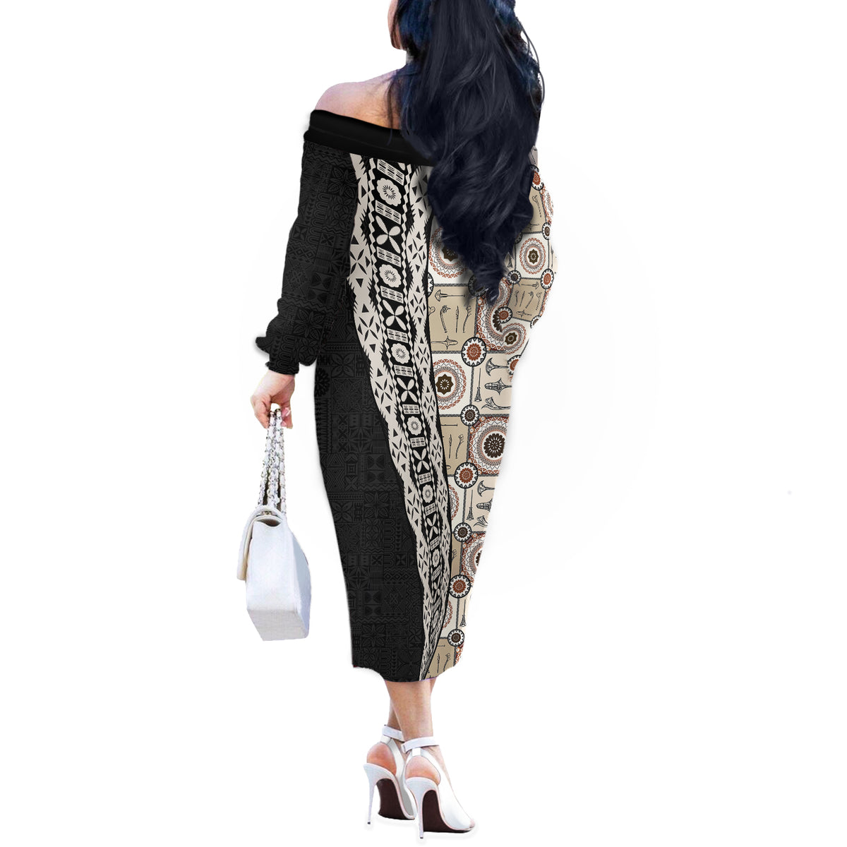 Tukenny Pattern Fijian War Clubs Mix Tapa Tribal Off The Shoulder Long Sleeve Dress LT03 - Polynesian Pride