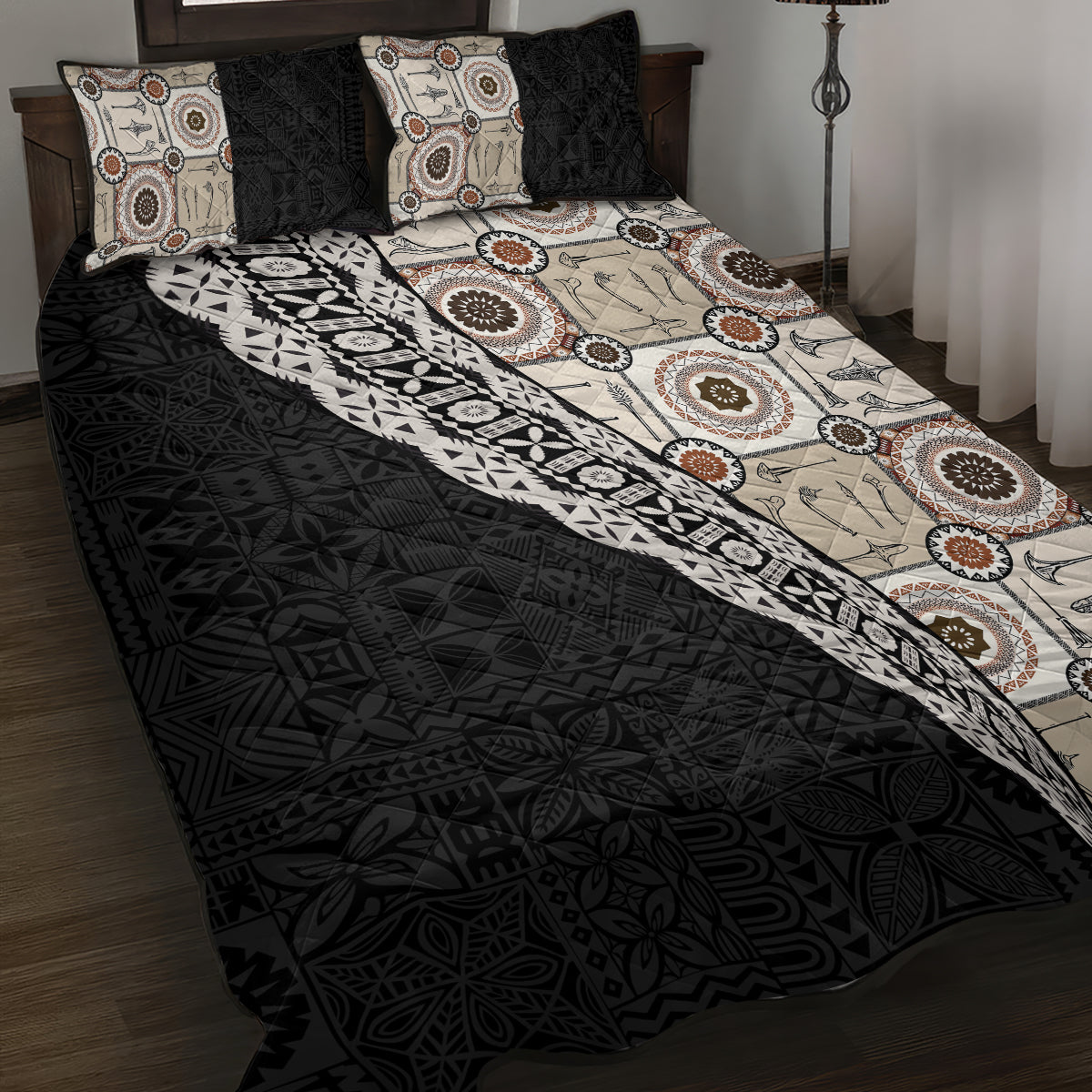 Tukenny Pattern Fijian War Clubs Mix Tapa Tribal Quilt Bed Set LT03 Beige - Polynesian Pride