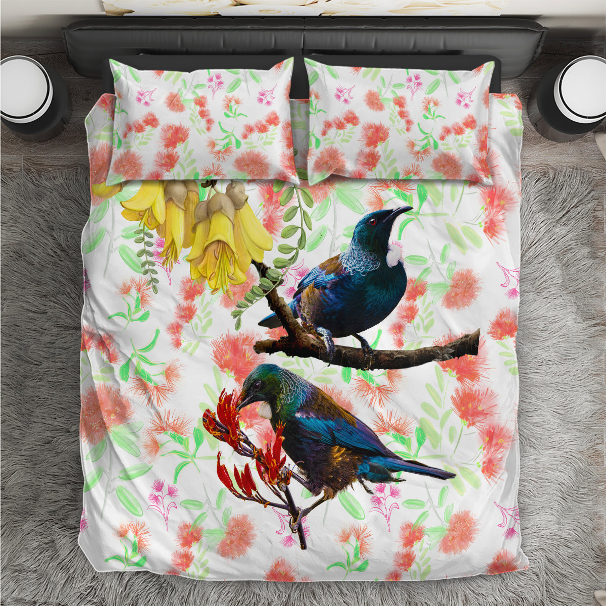 New Zealand Pohutukawa Tui Bird Bedding Set Kowhai Version LT03 White - Polynesian Pride