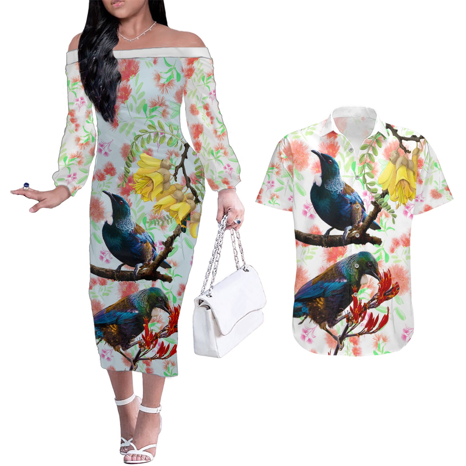 New Zealand Pohutukawa Tui Bird Couples Matching Off The Shoulder Long Sleeve Dress and Hawaiian Shirt Kowhai Version LT03 White - Polynesian Pride