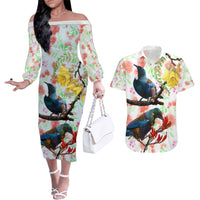 New Zealand Pohutukawa Tui Bird Couples Matching Off The Shoulder Long Sleeve Dress and Hawaiian Shirt Kowhai Version LT03 White - Polynesian Pride