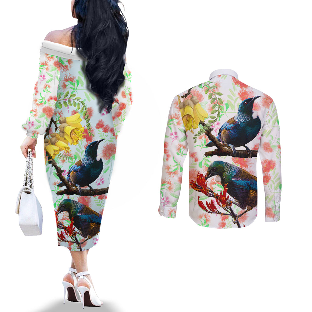 New Zealand Pohutukawa Tui Bird Couples Matching Off The Shoulder Long Sleeve Dress and Long Sleeve Button Shirt Kowhai Version LT03 - Polynesian Pride