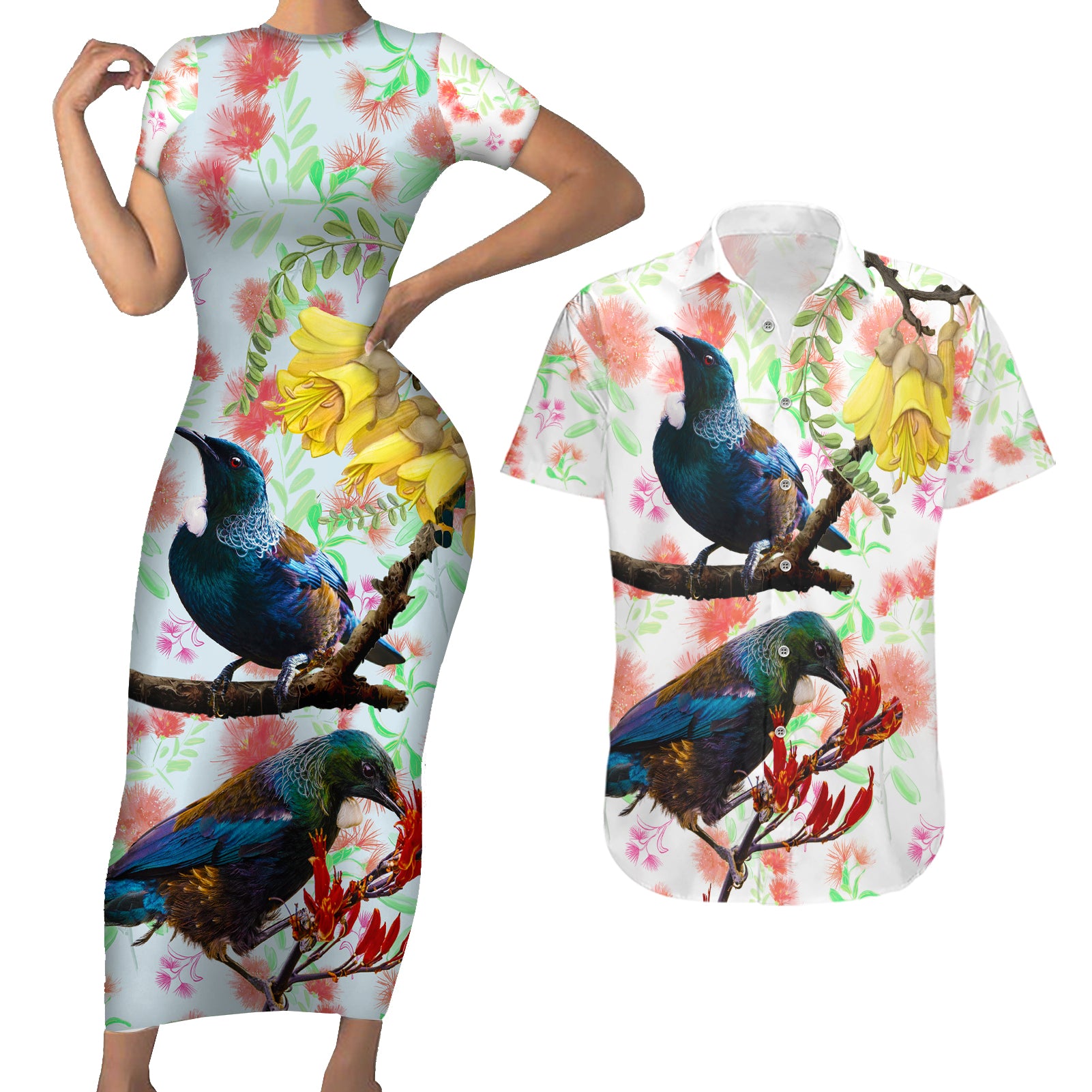 New Zealand Pohutukawa Tui Bird Couples Matching Short Sleeve Bodycon Dress and Hawaiian Shirt Kowhai Version LT03 White - Polynesian Pride