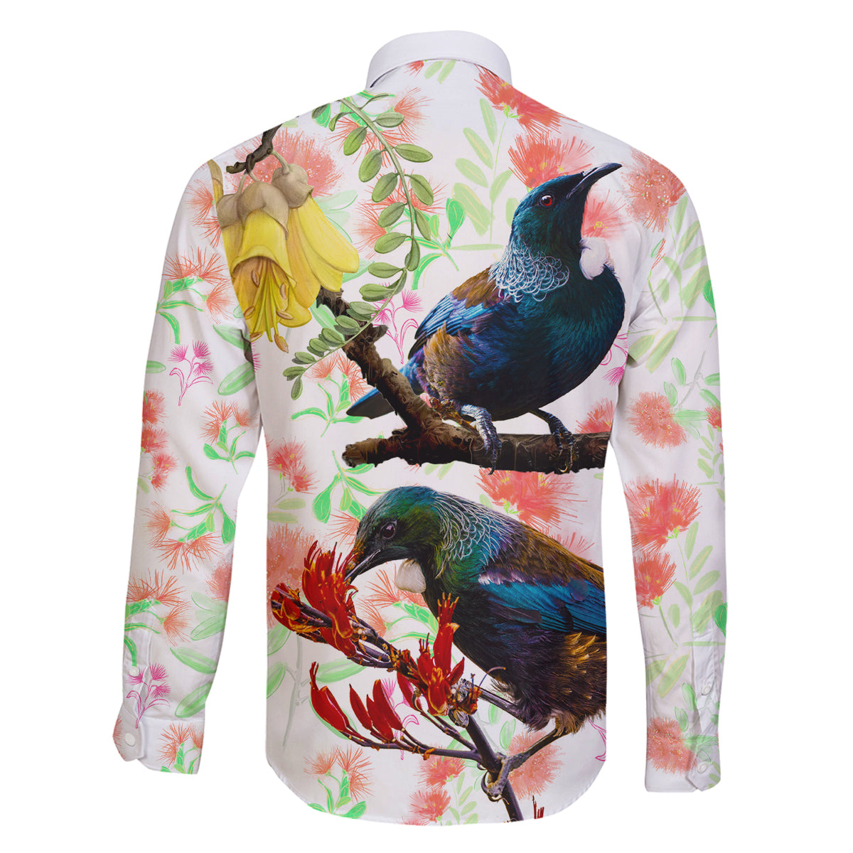 New Zealand Pohutukawa Tui Bird Family Matching Long Sleeve Bodycon Dress and Hawaiian Shirt Kowhai Version LT03 - Polynesian Pride