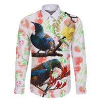 New Zealand Pohutukawa Tui Bird Family Matching Off Shoulder Long Sleeve Dress and Hawaiian Shirt Kowhai Version LT03 Dad's Shirt - Long Sleeve White - Polynesian Pride