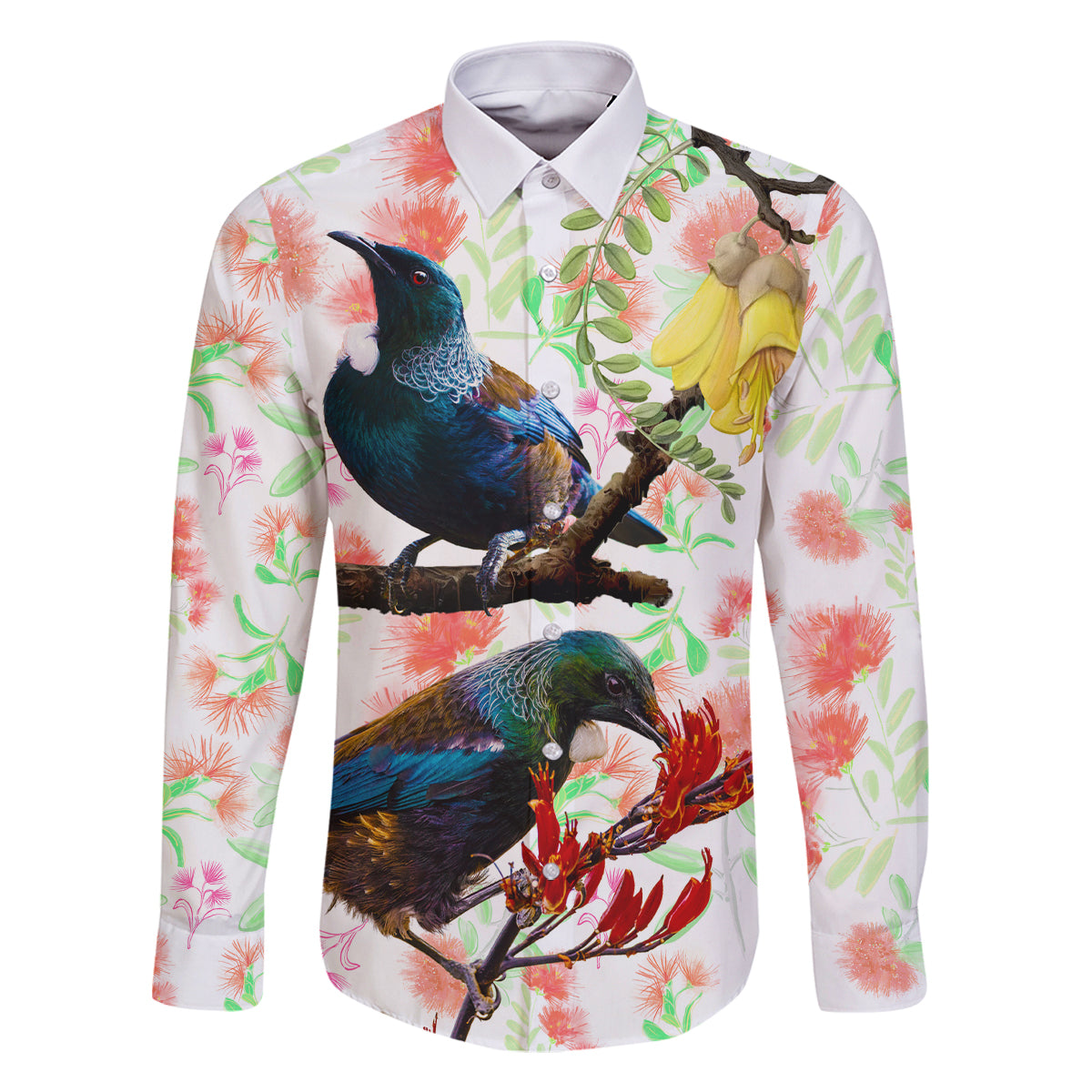 New Zealand Pohutukawa Tui Bird Family Matching Tank Maxi Dress and Hawaiian Shirt Kowhai Version LT03 Dad's Shirt - Long Sleeve White - Polynesian Pride