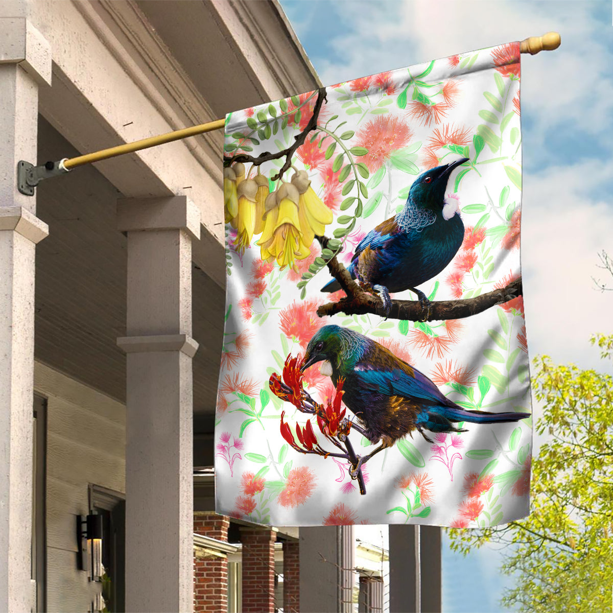 New Zealand Pohutukawa Tui Bird Garden Flag Kowhai Version LT03 House Flag White - Polynesian Pride