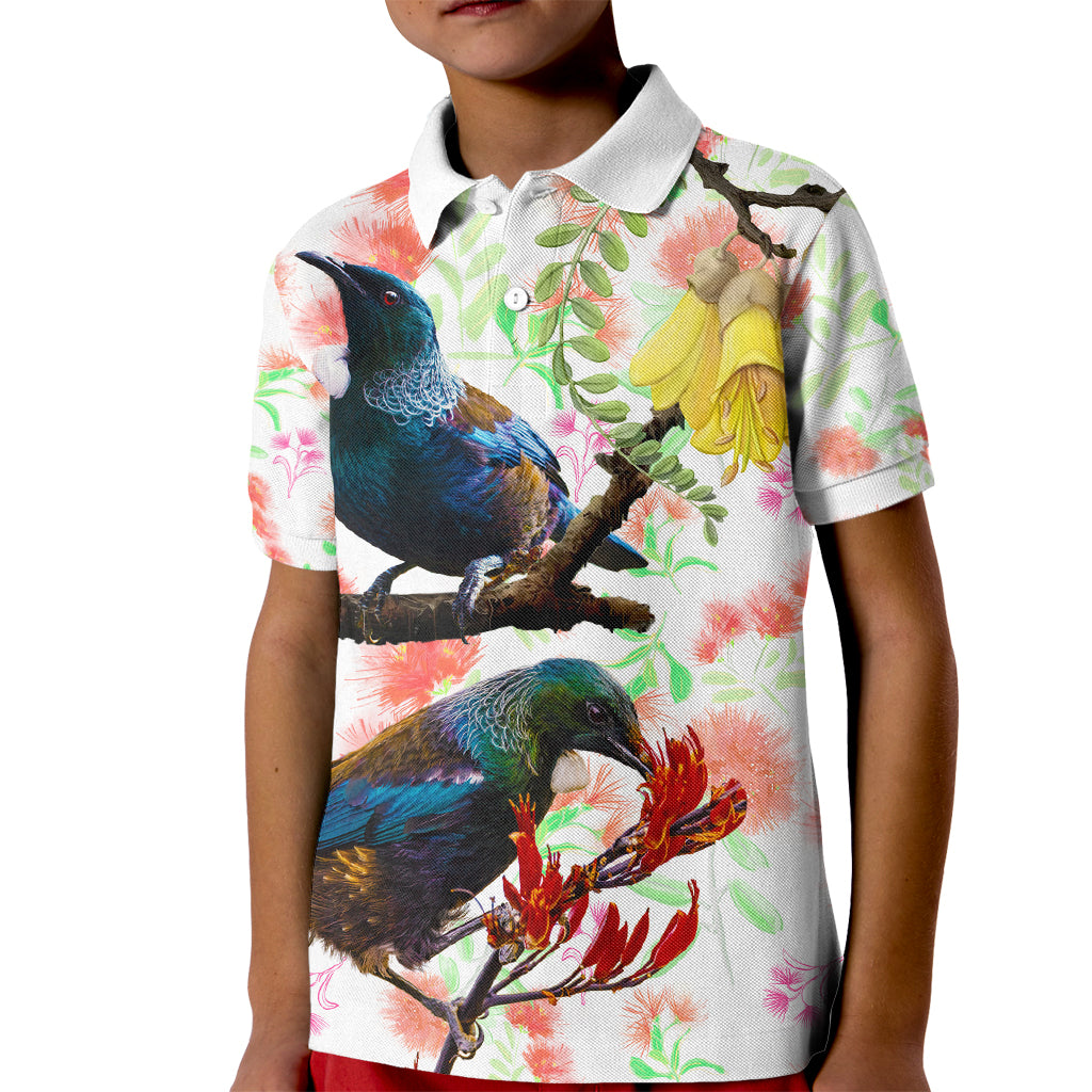 New Zealand Pohutukawa Tui Bird Kid Polo Shirt Kowhai Version LT03 Kid White - Polynesian Pride