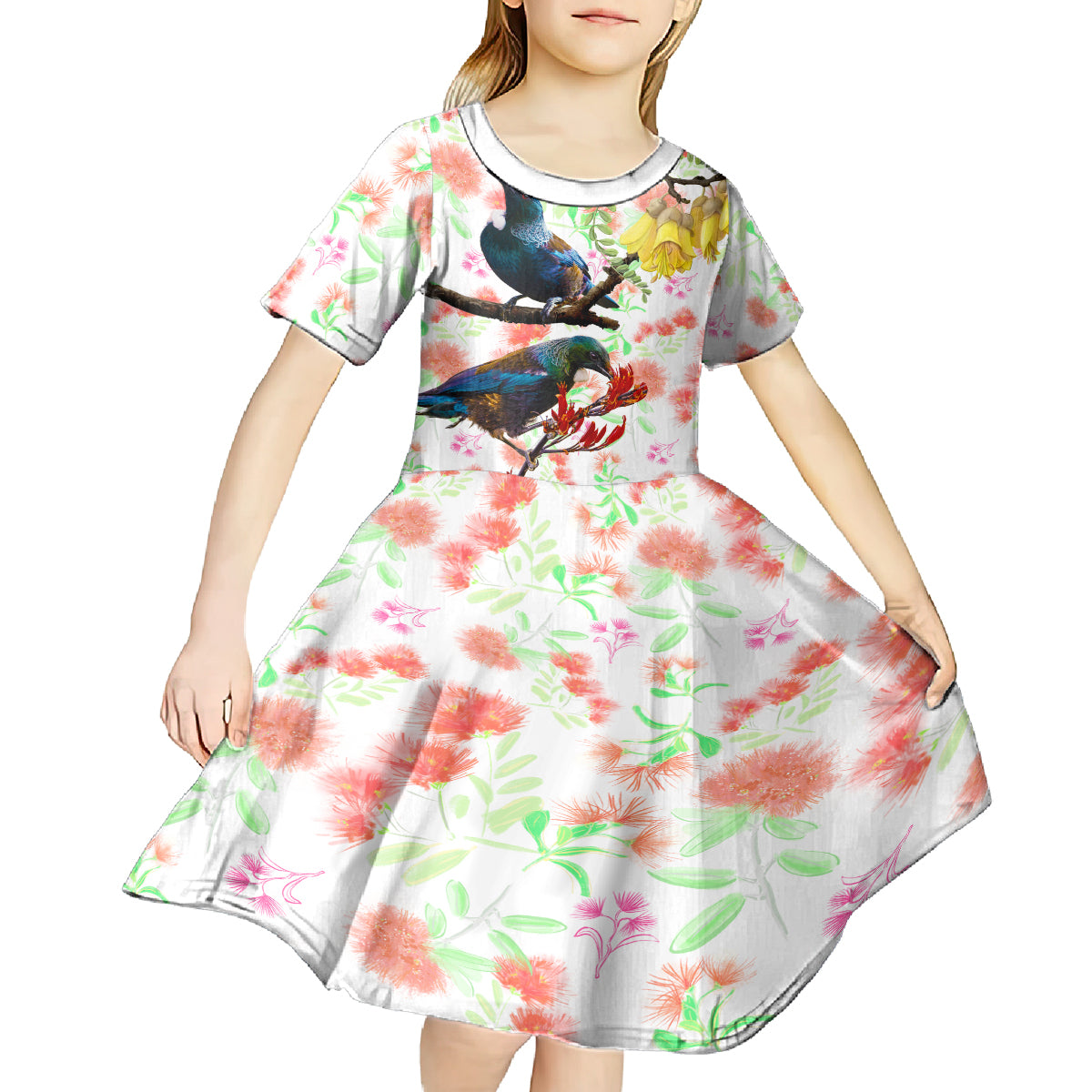 New Zealand Pohutukawa Tui Bird Kid Short Sleeve Dress Kowhai Version LT03 - Polynesian Pride