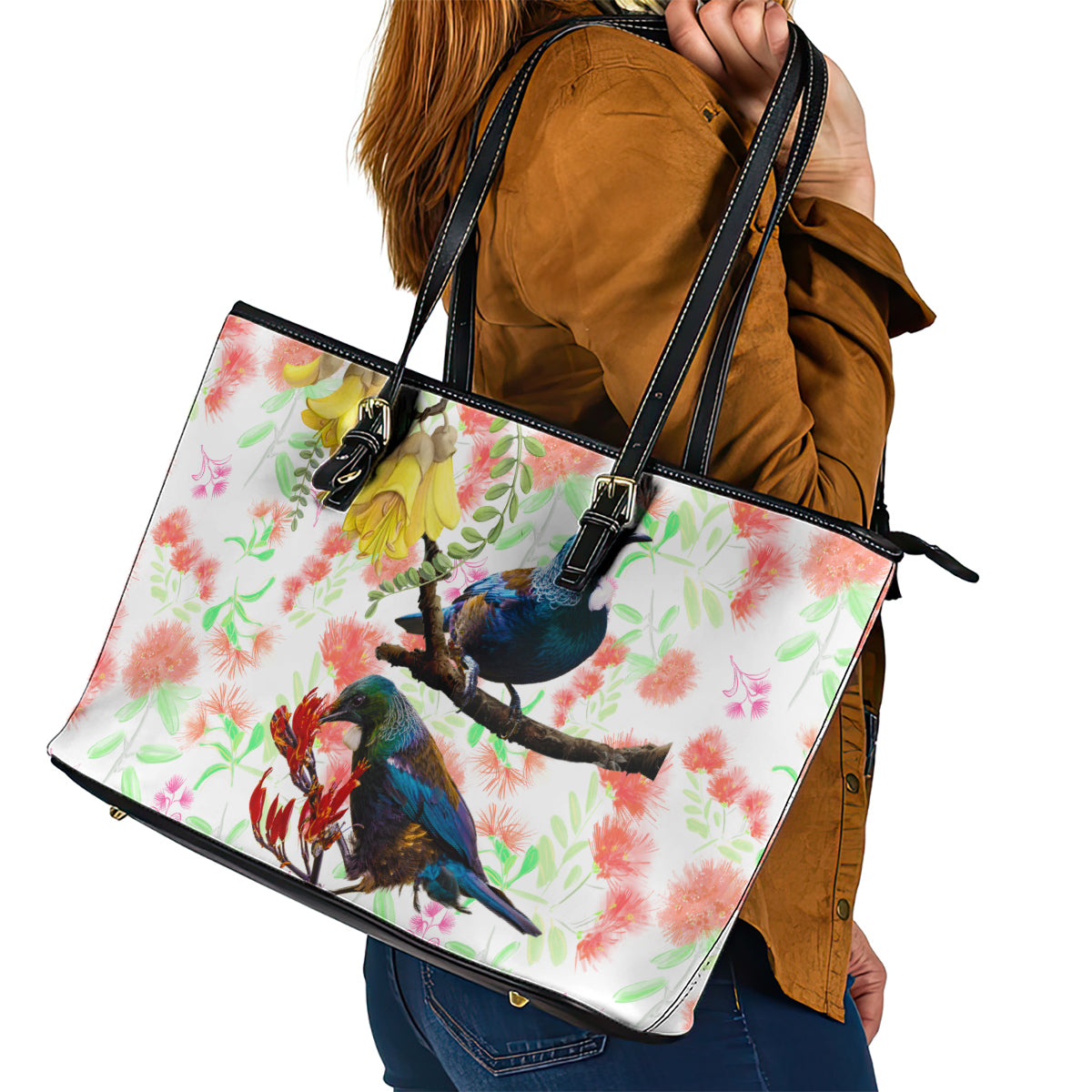 New Zealand Pohutukawa Tui Bird Leather Tote Bag Kowhai Version LT03 - Polynesian Pride