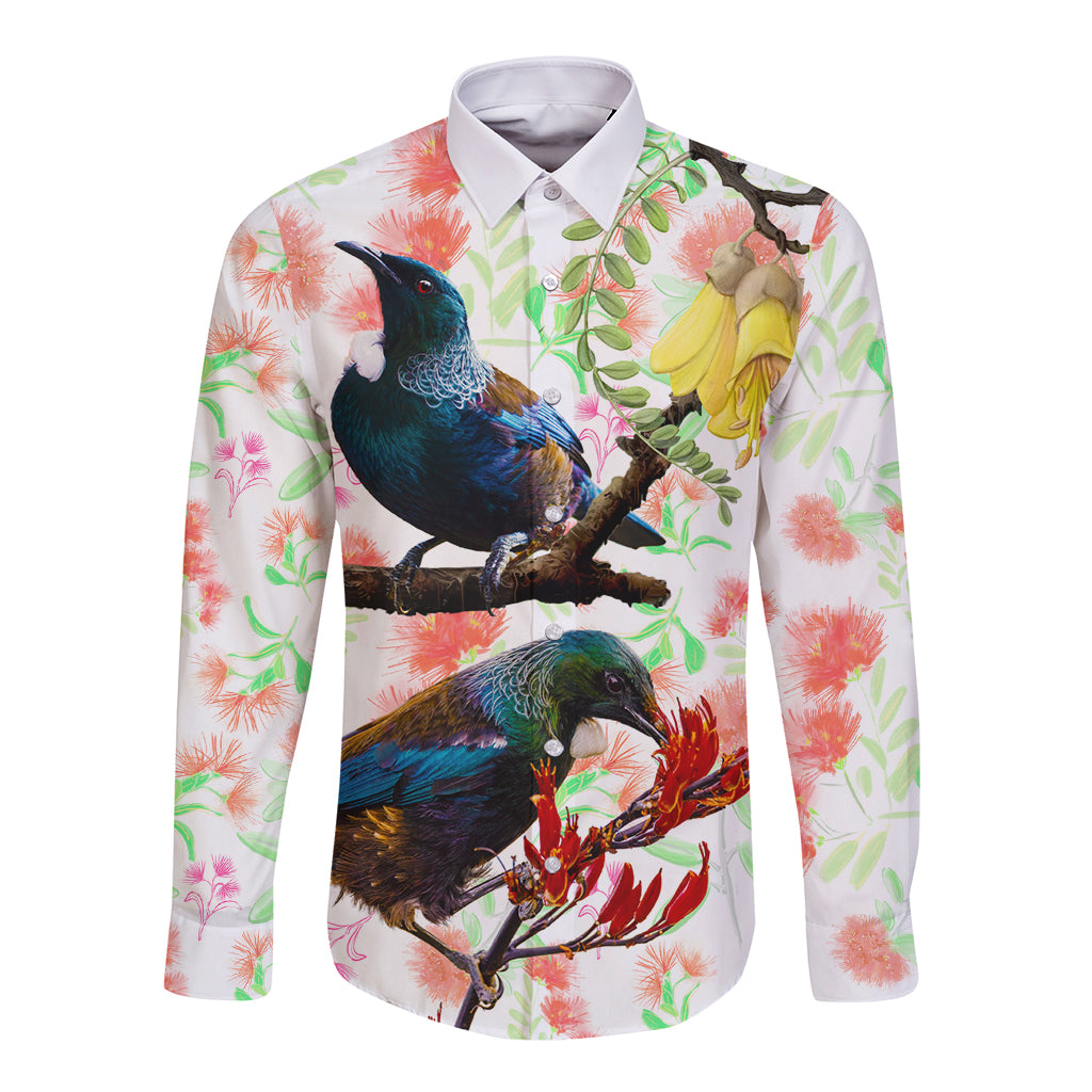 New Zealand Pohutukawa Tui Bird Long Sleeve Button Shirt Kowhai Version LT03 Unisex White - Polynesian Pride