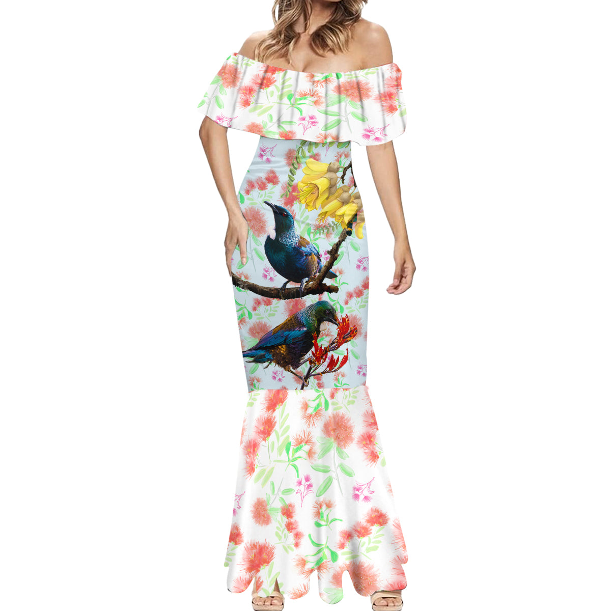New Zealand Pohutukawa Tui Bird Mermaid Dress Kowhai Version LT03 - Polynesian Pride