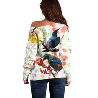 New Zealand Pohutukawa Tui Bird Off Shoulder Sweater Kowhai Version LT03 - Polynesian Pride