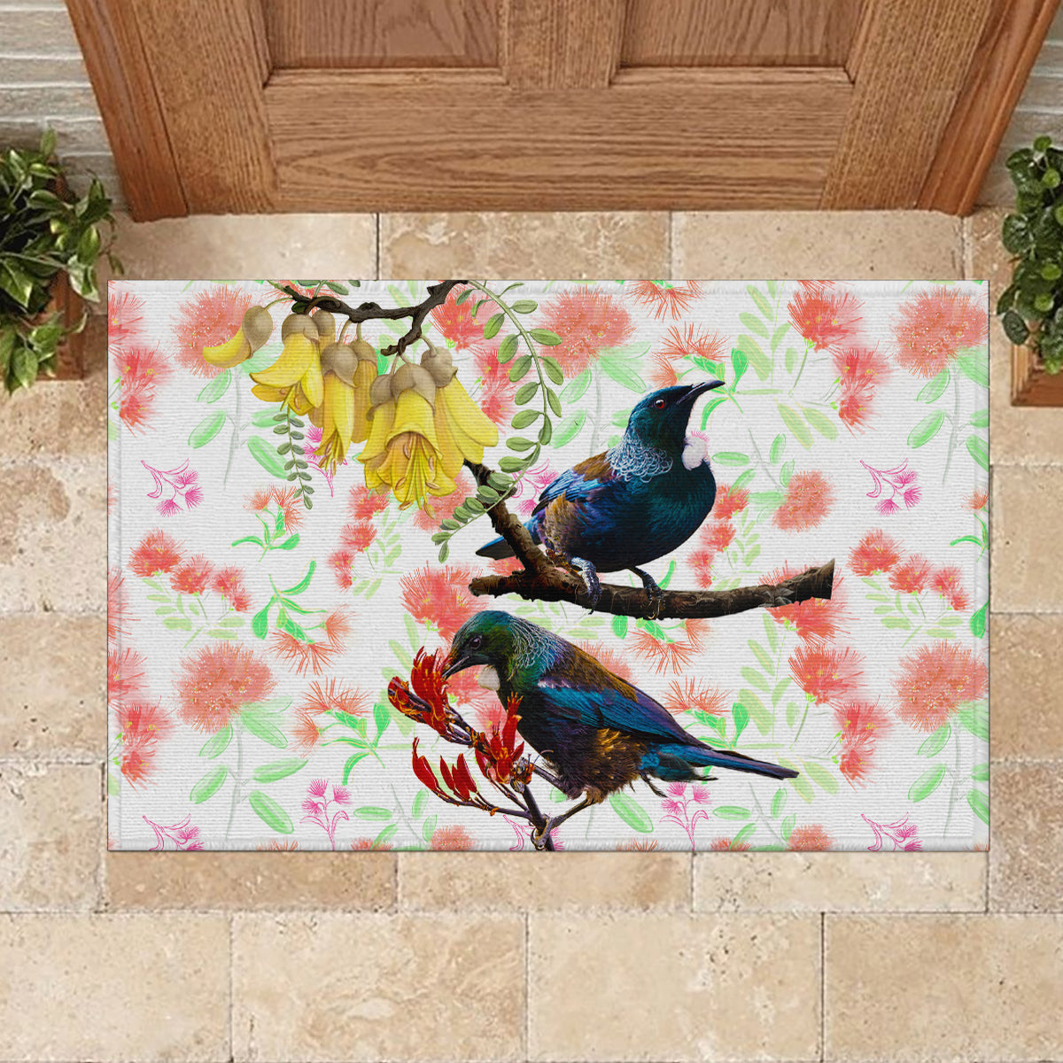New Zealand Pohutukawa Tui Bird Rubber Doormat Kowhai Version LT03 - Polynesian Pride